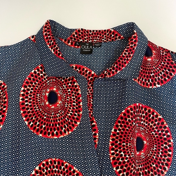 NEW The Oula Company Tiered Maxi Printed Cotton Shirt Dress Blue Red Large - Picture 8 of 11